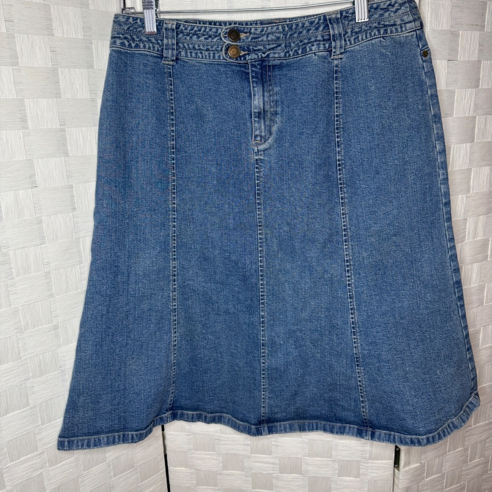 Y2K Womens Denim A-Line Midi Skirt Size 10 Medium Wash Panel Seamed Indie